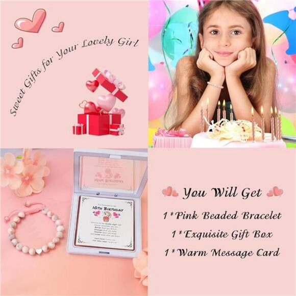 10th Birthday Bracelet Pink Beaded Adjustable Gift for Girls Daughter Niece - Picture 3 of 9